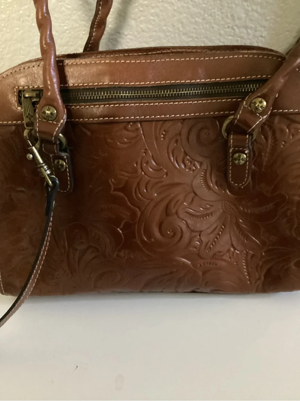 Patricia Nash Embossed Leather Satchel in Brown